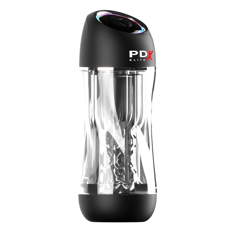 Side view of the PDX Elite vibrating male masturbator, showcasing its ergonomic design, on a clean white background | Flirty Bay adult store Perth